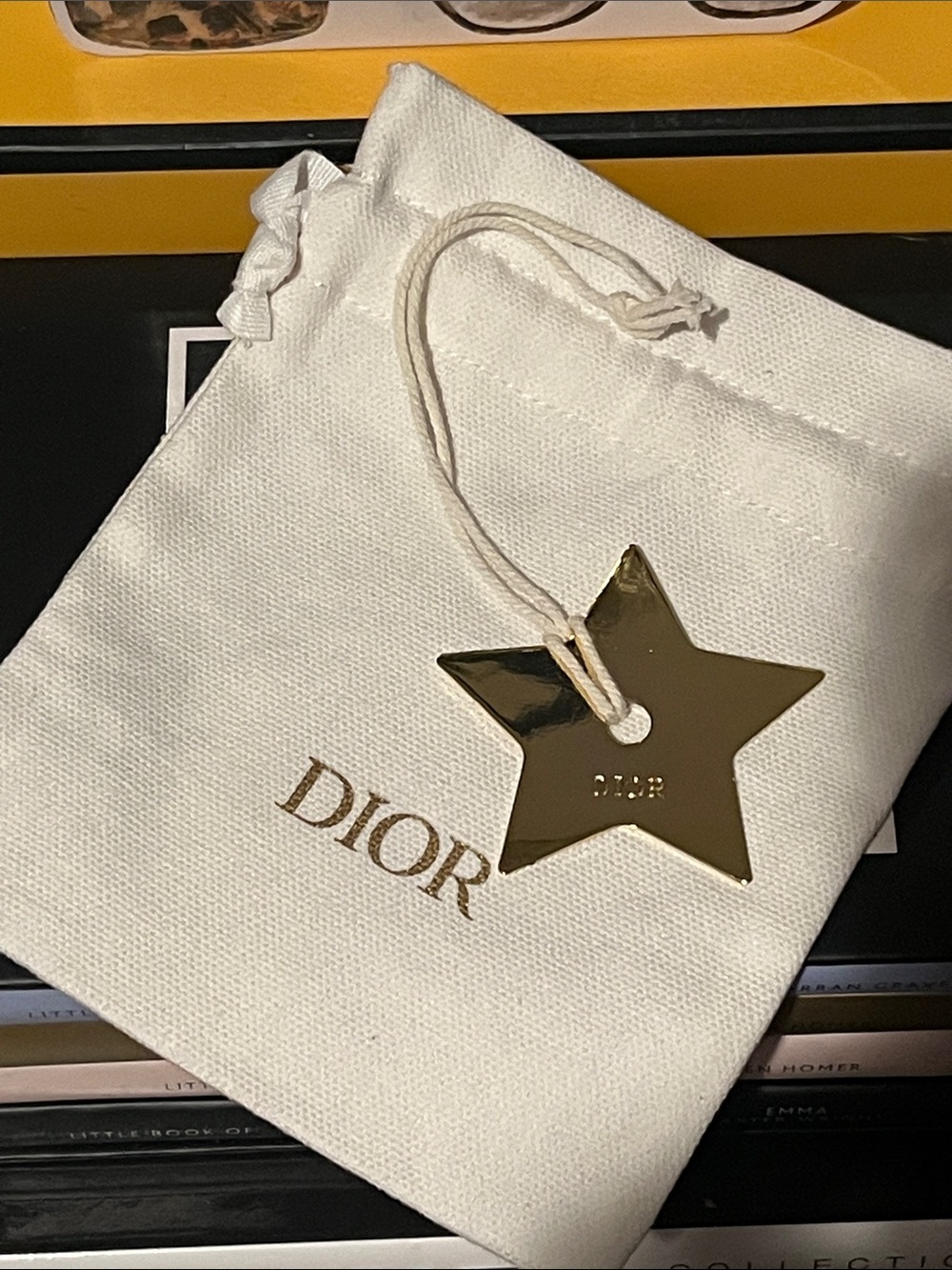 Dior Gold Star Charm with Gold Logo Drawstring Pouch New